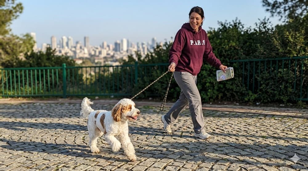 Owner walking Max on a leash — joyful training in practice